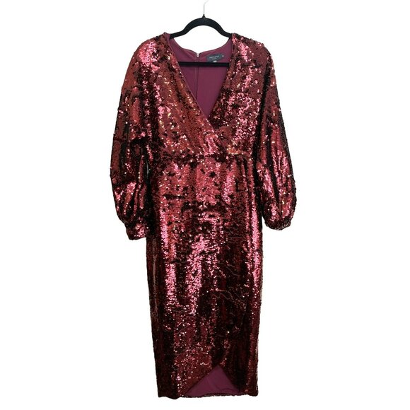 Ted Baker Sequins Burgundy Wine Emmalee Surplice Midi Dress US 6 - Picture 5 of 9